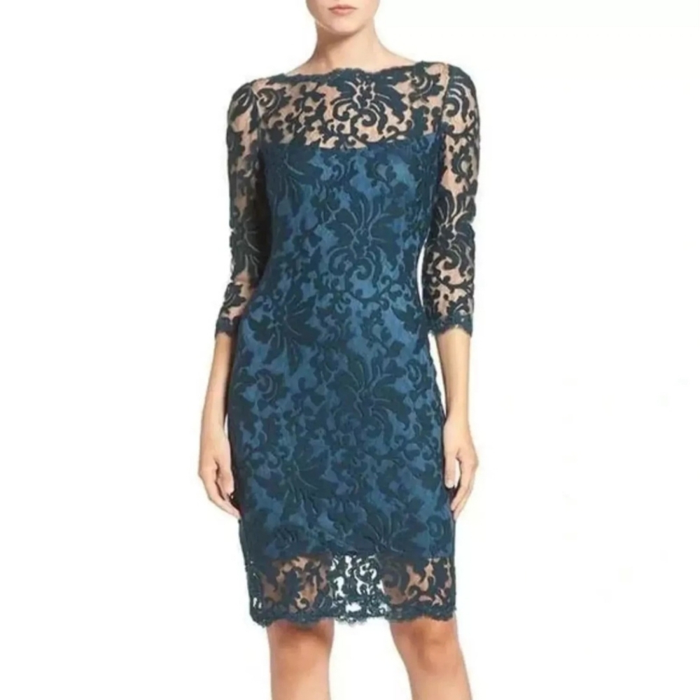 Tadashi Shoji Embroidered Floral Sheer Sheath Dress